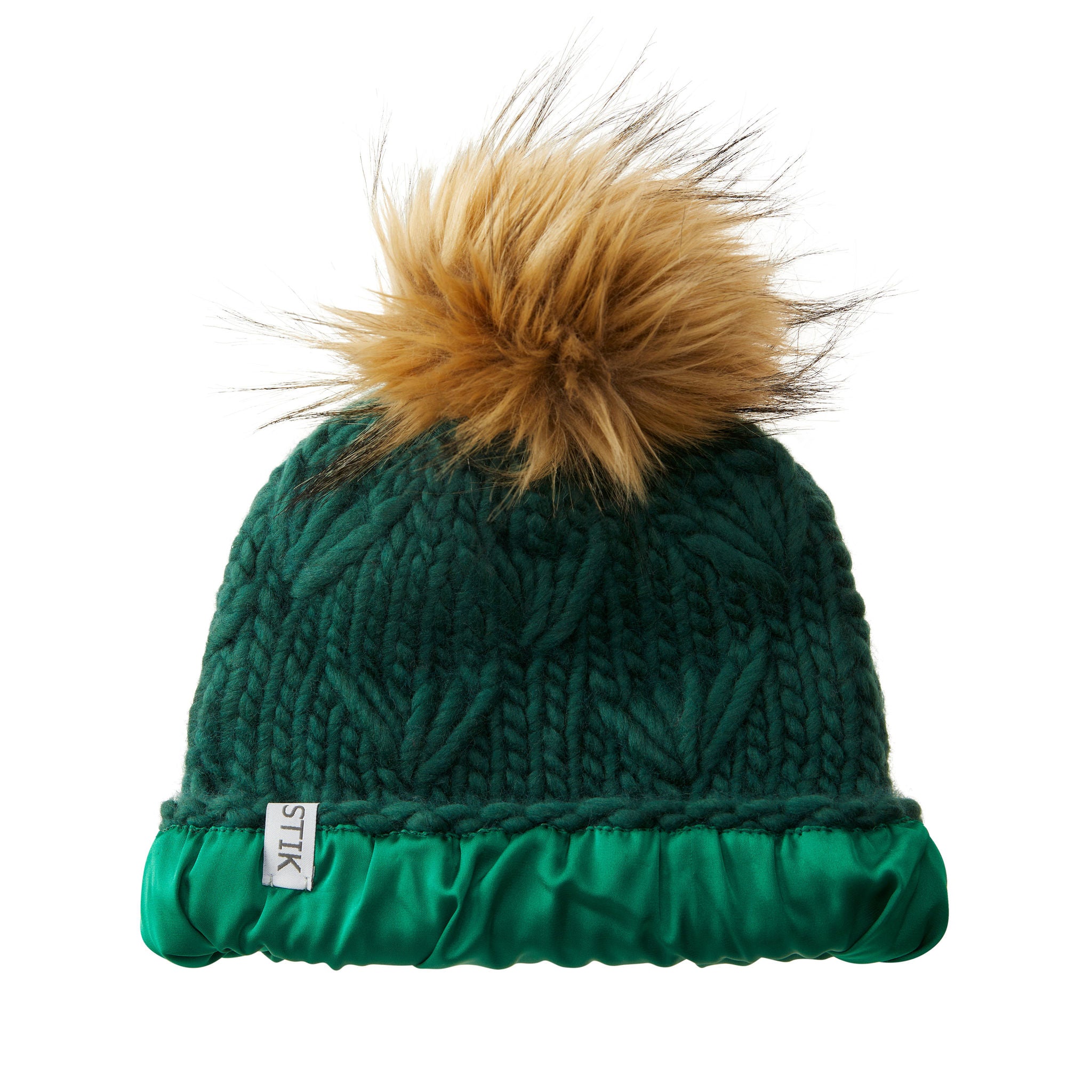 Mohair and Wool Blend Green Cable Hand Knit Hat withPom Pom for